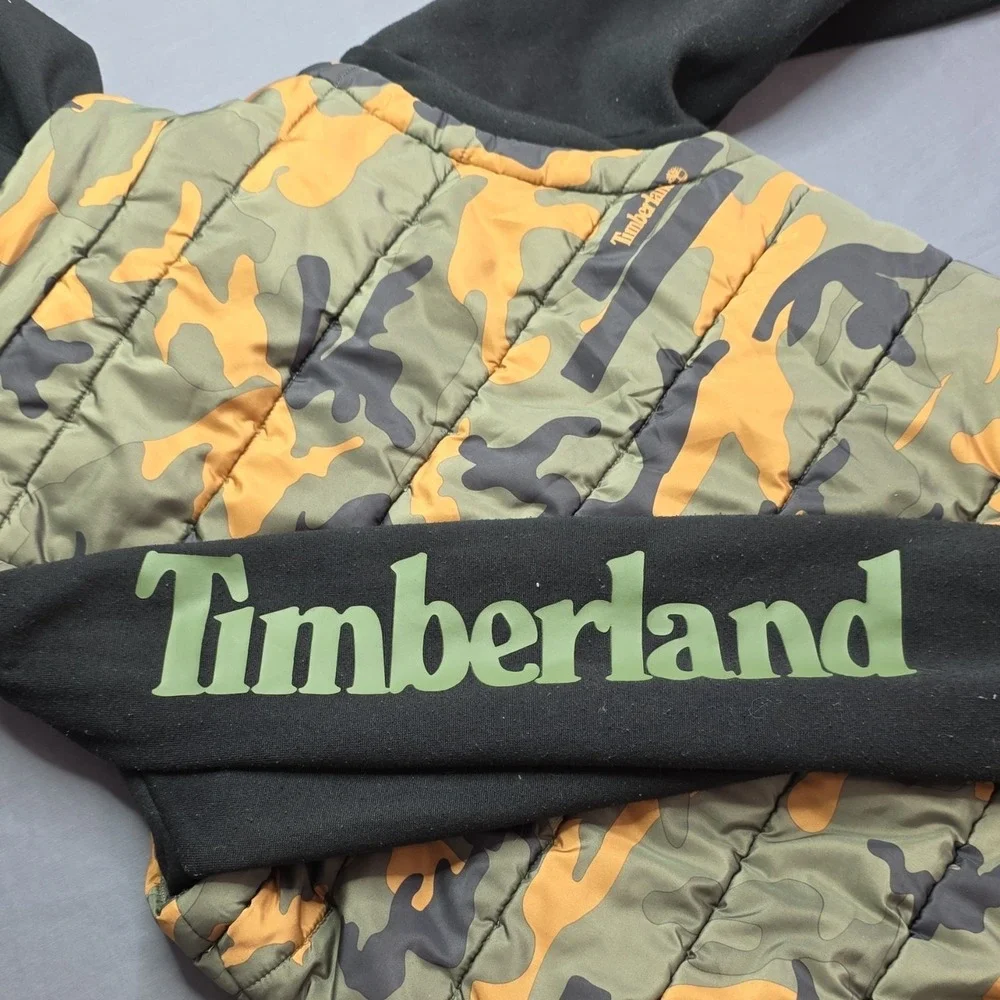 Timberland Boys Camouflage Hooded Puffer Jacket M (10/12) Green Black Orange
